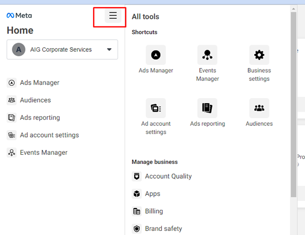  Log in to your Business Suite, select the account and select all tools